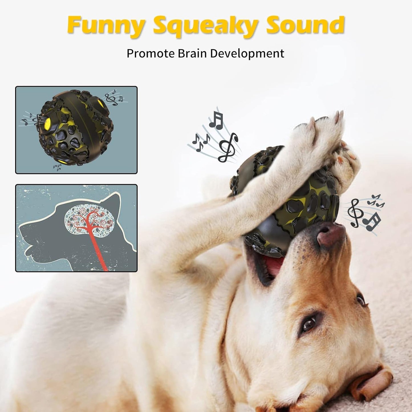 FYA Dog Ball Toys for Aggressive Chewers, Interactive Fetch Dog Ball with Fun Squeaky Giggle Sound, Non-Toxic Elastic Rubber Pet Chew Toys, Dog Gift for Medium/Big Dogs (Black-Yellow)