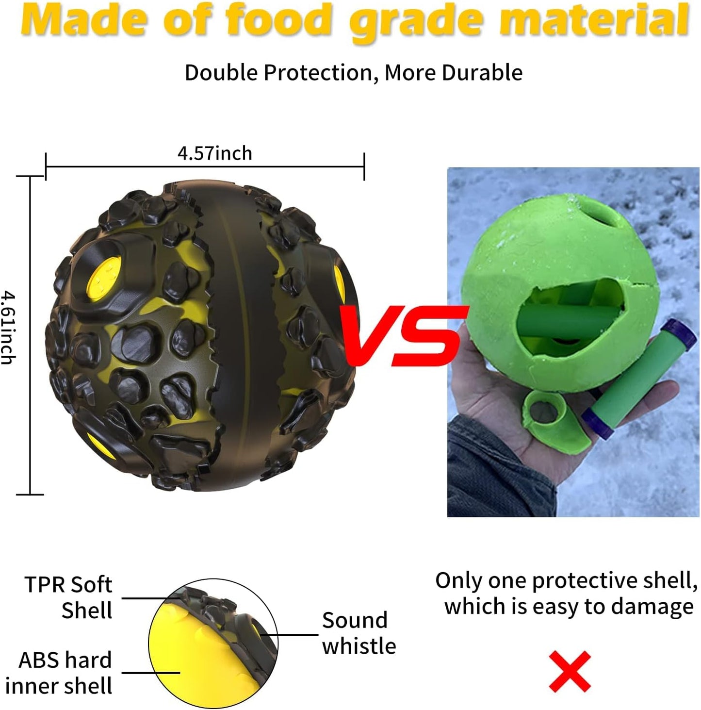 FYA Dog Ball Toys for Aggressive Chewers, Interactive Fetch Dog Ball with Fun Squeaky Giggle Sound, Non-Toxic Elastic Rubber Pet Chew Toys, Dog Gift for Medium/Big Dogs (Black-Yellow)