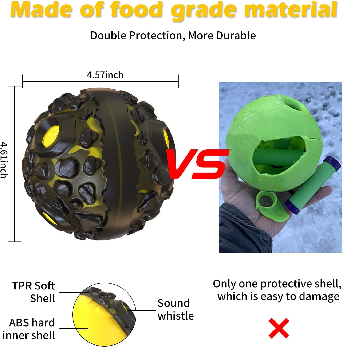 FYA Dog Ball Toys for Aggressive Chewers, Interactive Fetch Dog Ball with Fun Squeaky Giggle Sound, Non-Toxic Elastic Rubber Pet Chew Toys, Dog Gift for Medium/Big Dogs (Black-Yellow)