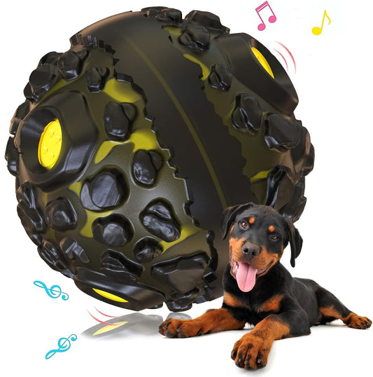 FYA Dog Ball Toys for Aggressive Chewers, Interactive Fetch Dog Ball with Fun Squeaky Giggle Sound, Non-Toxic Elastic Rubber Pet Chew Toys, Dog Gift for Medium/Big Dogs (Black-Yellow)